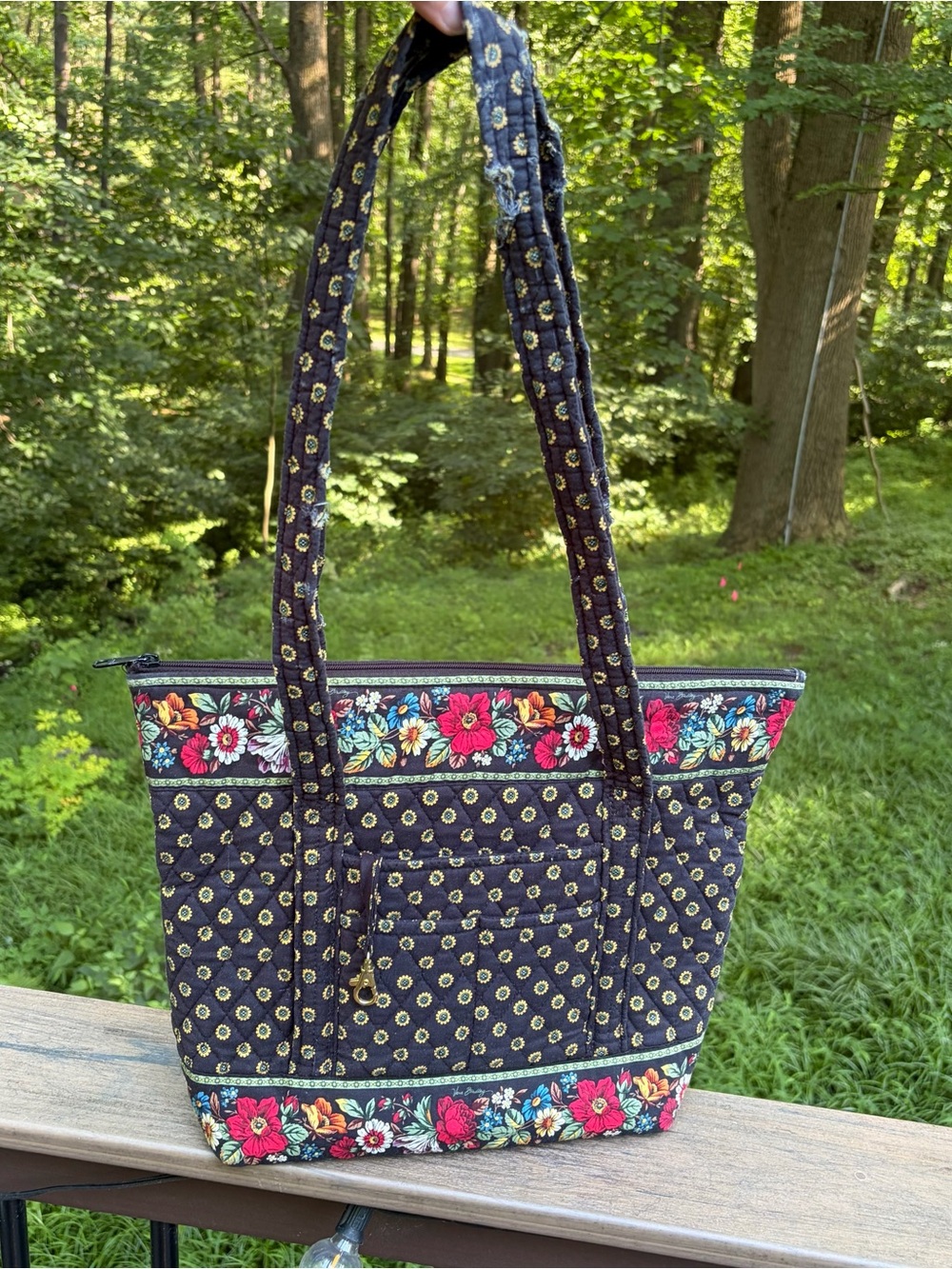 Vera Bradley Little Betsy Tote/Purse Vibrant Black Retired Pattern/Sunflowers